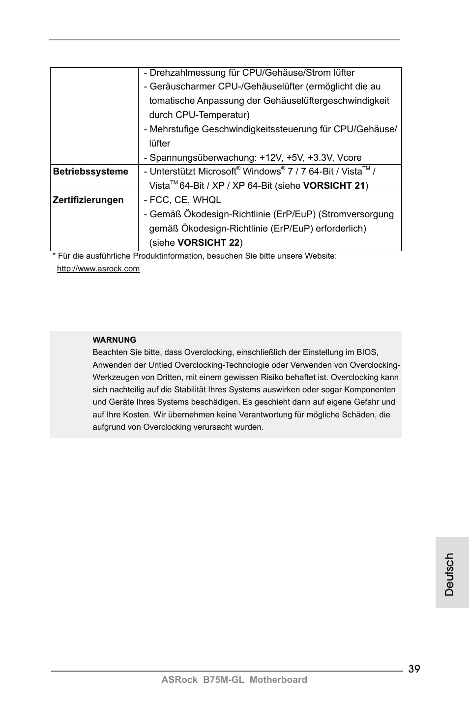 Deutsch | ASRock B75M-GL User Manual | Page 39 / 203