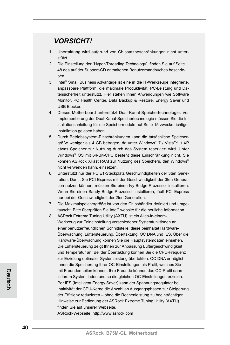 Vorsicht, Deutsch | ASRock B75M-GL User Manual | Page 40 / 203
