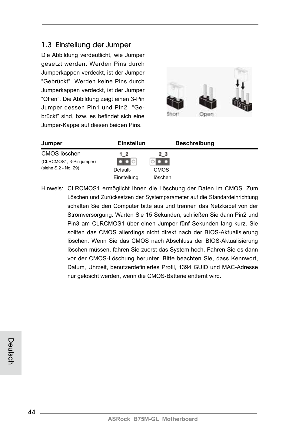 3 einstellung der jumper, Deutsch | ASRock B75M-GL User Manual | Page 44 / 203