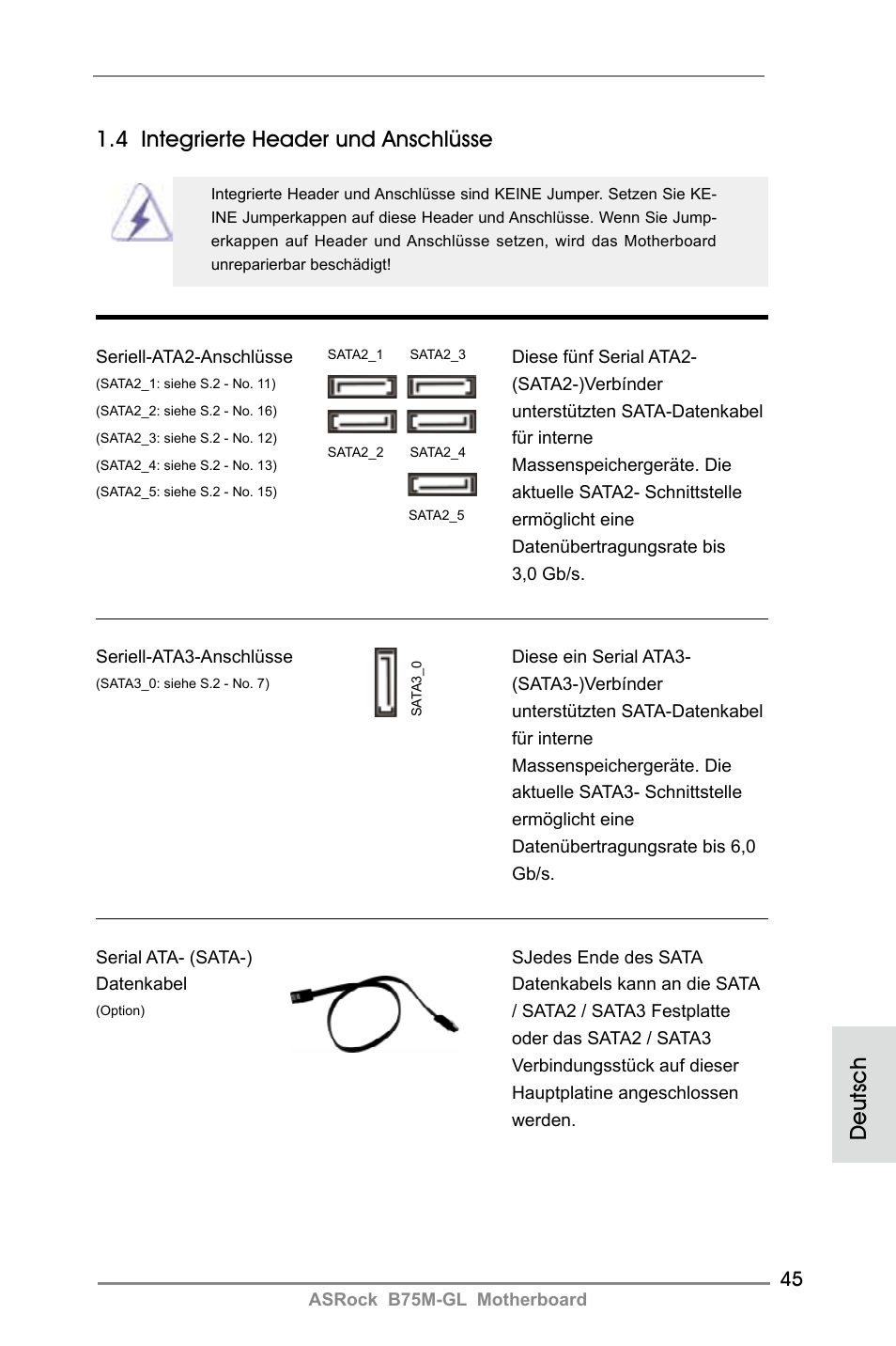4 integrierte header und anschlüsse, Deutsch | ASRock B75M-GL User Manual | Page 45 / 203