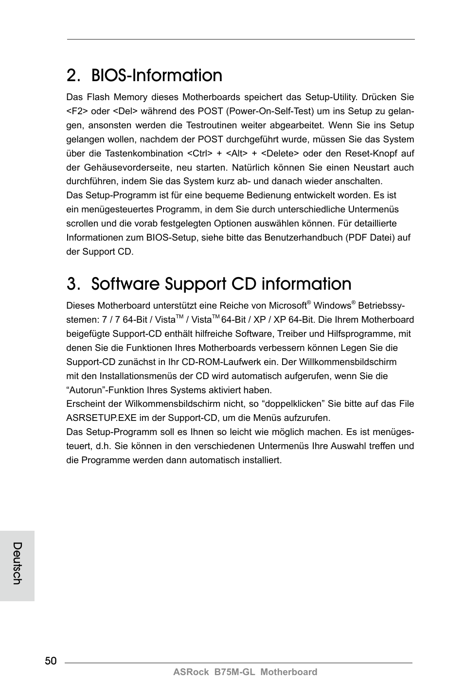 Bios-information, Software support cd information, Deutsch | ASRock B75M-GL User Manual | Page 50 / 203