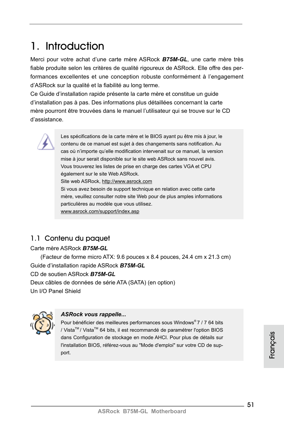 French, Introduction, 1 contenu du paquet | Français | ASRock B75M-GL User Manual | Page 51 / 203