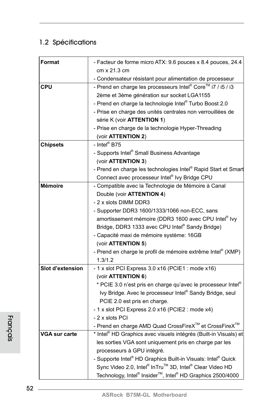 2 spécifications, Français | ASRock B75M-GL User Manual | Page 52 / 203