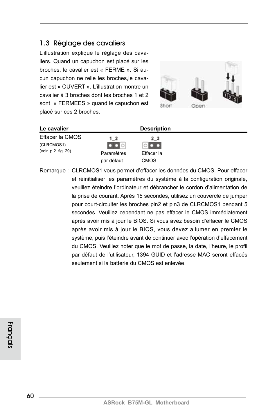 3 réglage des cavaliers, Français | ASRock B75M-GL User Manual | Page 60 / 203