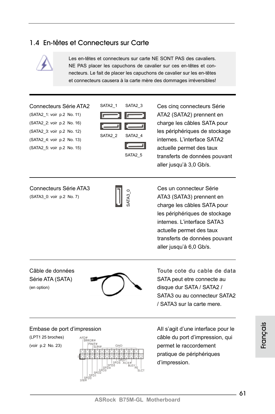 4 en-têtes et connecteurs sur carte, Français | ASRock B75M-GL User Manual | Page 61 / 203