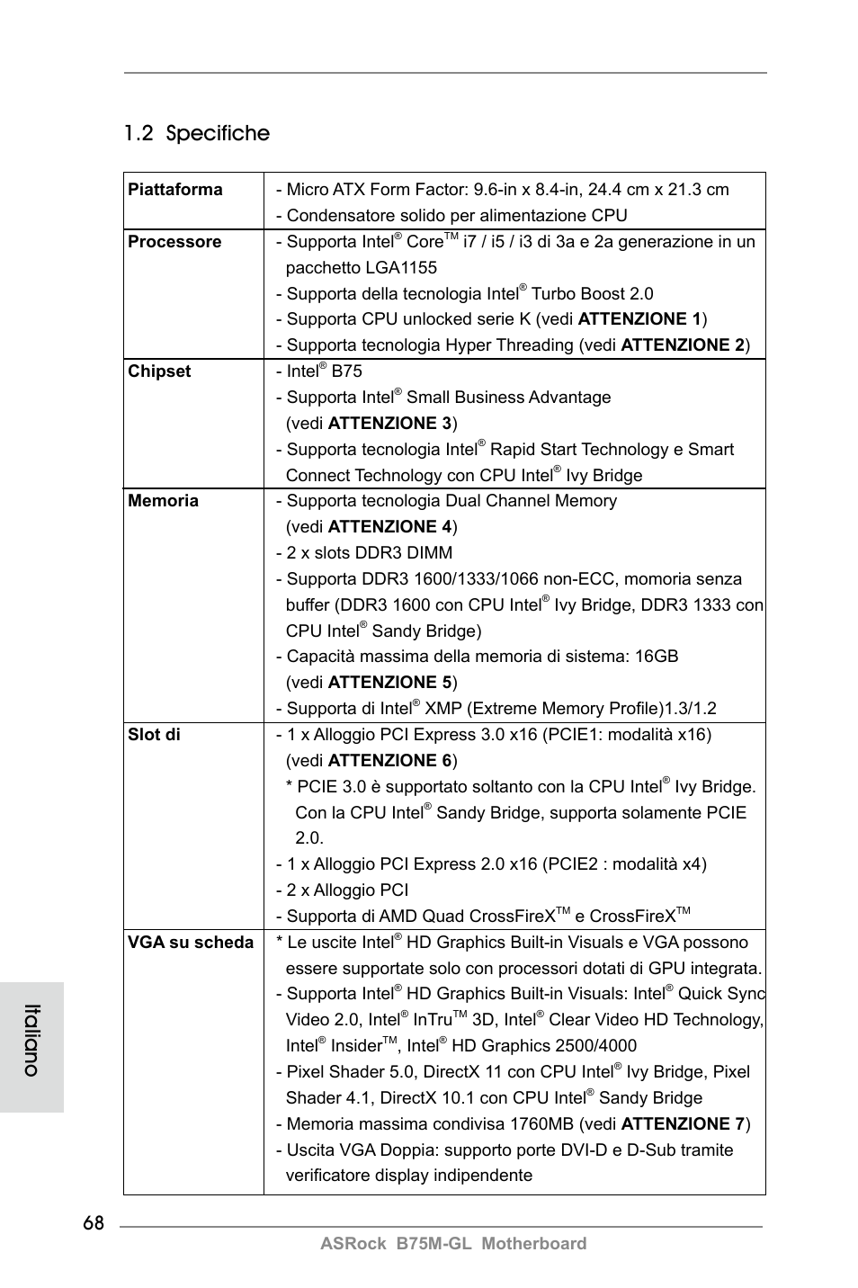 2 specifiche, Italiano | ASRock B75M-GL User Manual | Page 68 / 203
