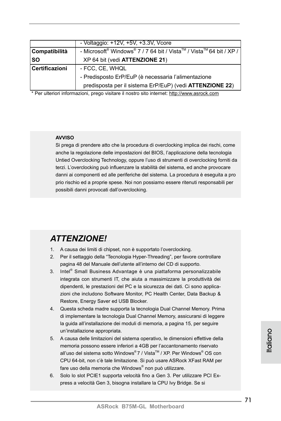 Attenzione, Italiano | ASRock B75M-GL User Manual | Page 71 / 203