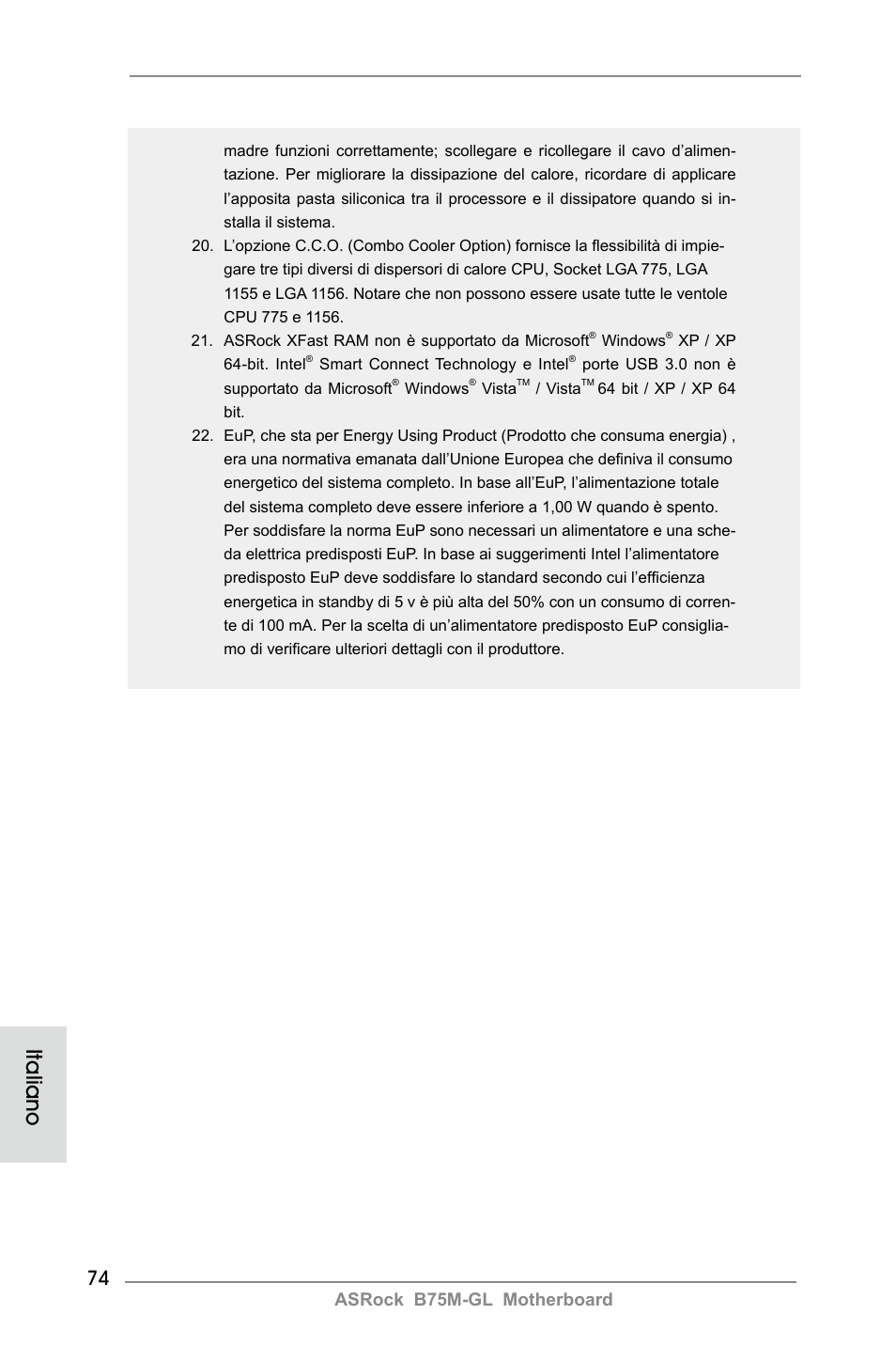 Italiano, Asrock b75m-gl motherboard | ASRock B75M-GL User Manual | Page 74 / 203