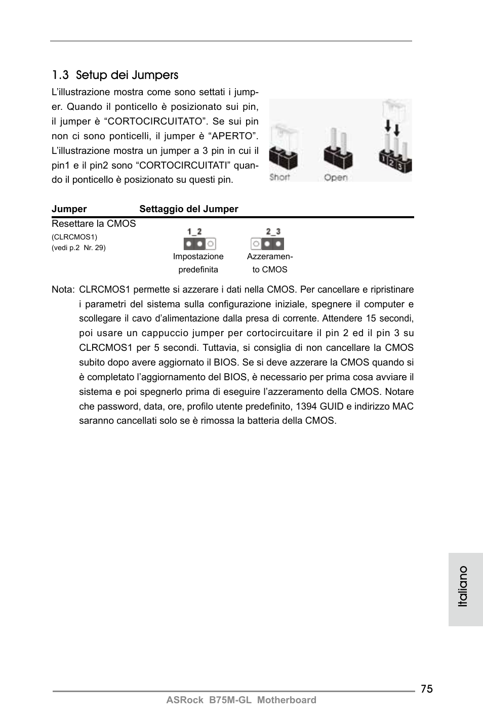 3 setup dei jumpers, Italiano | ASRock B75M-GL User Manual | Page 75 / 203
