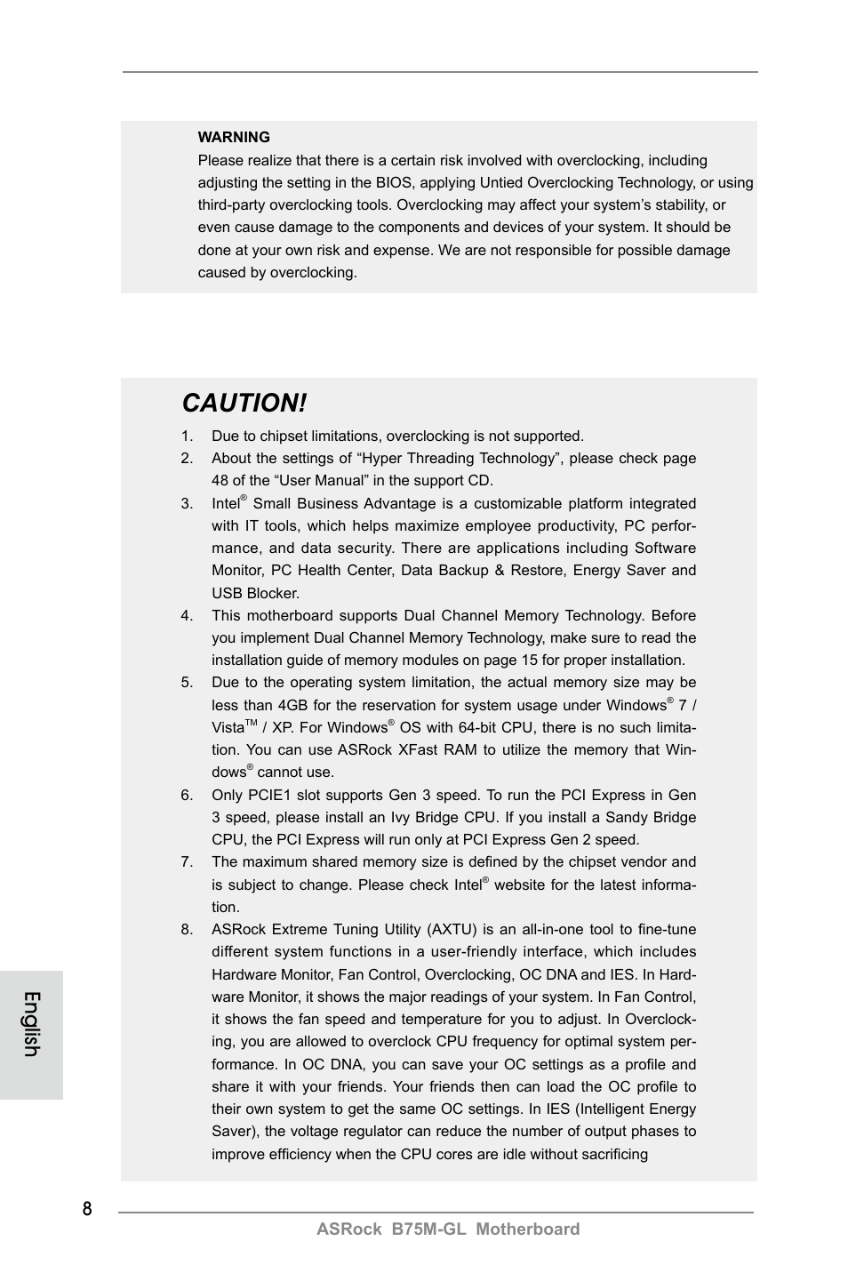 Caution, English | ASRock B75M-GL User Manual | Page 8 / 203