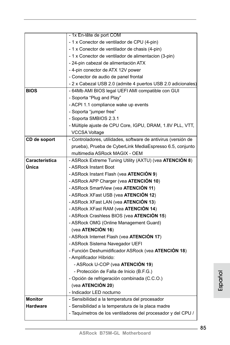 Español | ASRock B75M-GL User Manual | Page 85 / 203