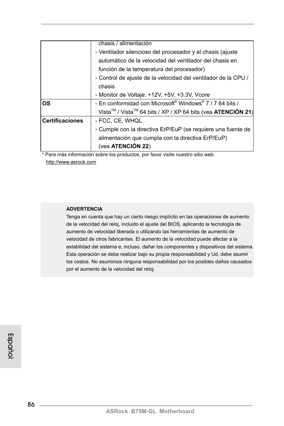 Español | ASRock B75M-GL User Manual | Page 86 / 203