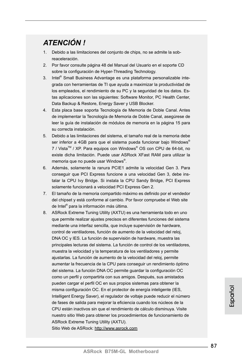 Atención, Español | ASRock B75M-GL User Manual | Page 87 / 203