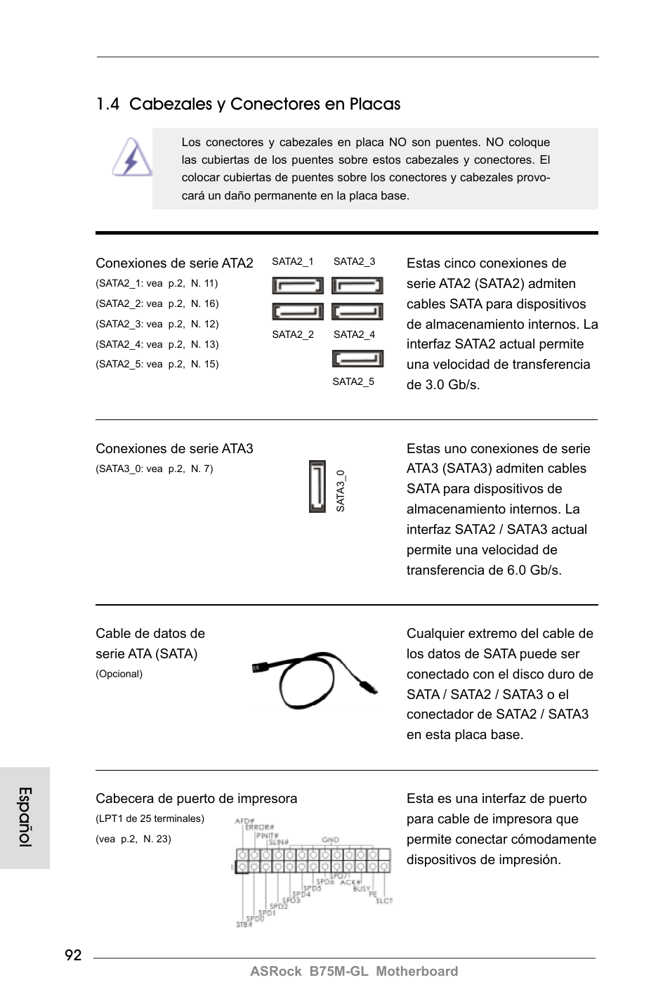 4 cabezales y conectores en placas, Español | ASRock B75M-GL User Manual | Page 92 / 203