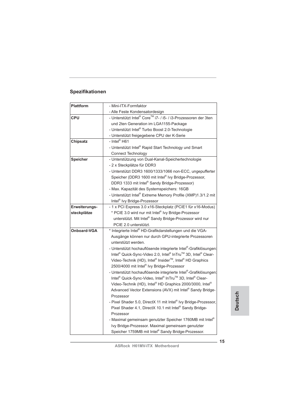 German, Spezifi kationen, Deutsch | ASRock H61MV-ITX User Manual | Page 15 / 51