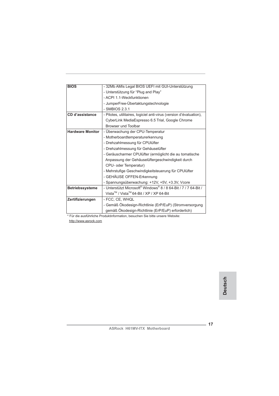 Deutsch | ASRock H61MV-ITX User Manual | Page 17 / 51