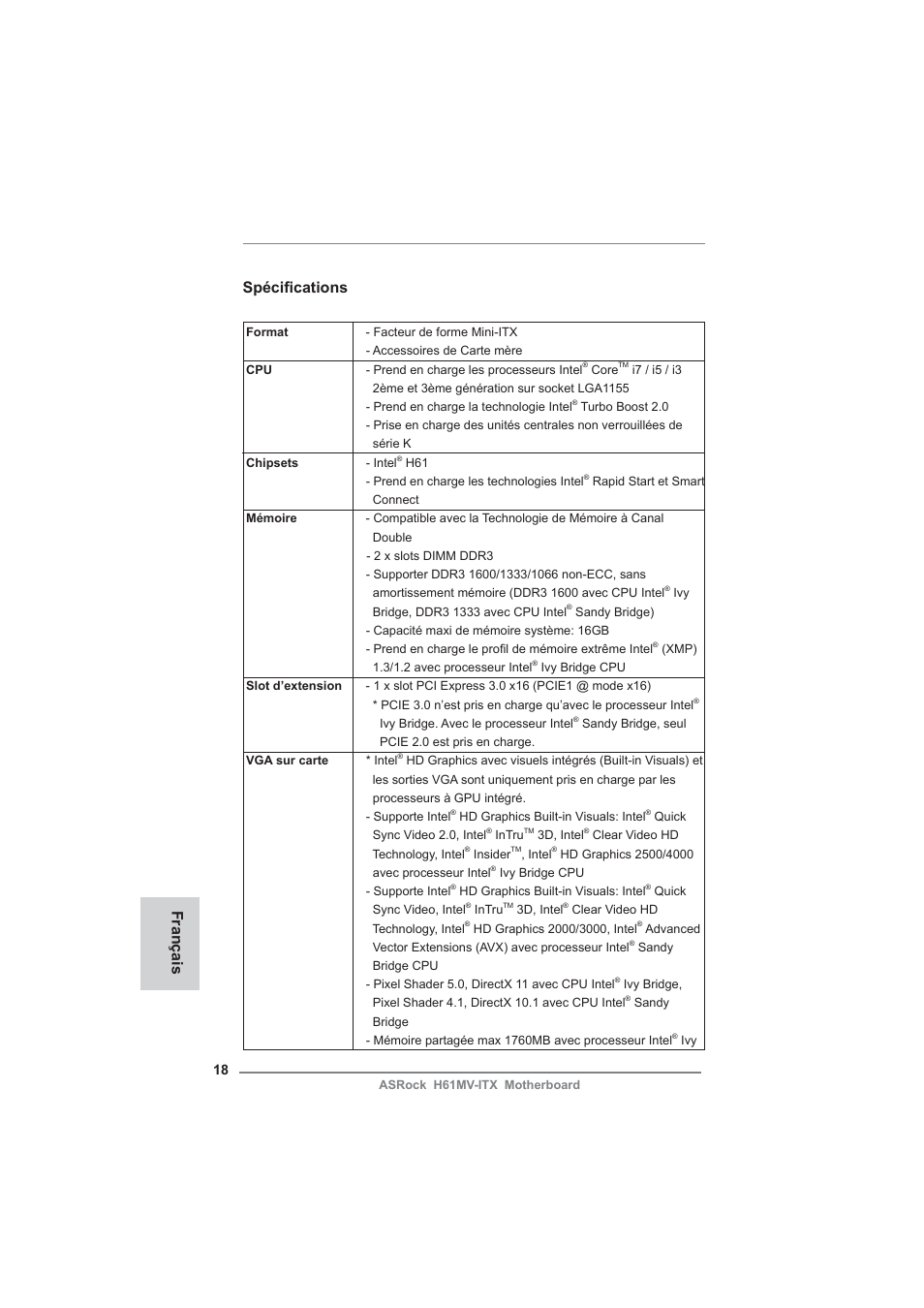 French, Spécifi cations, Français | ASRock H61MV-ITX User Manual | Page 18 / 51
