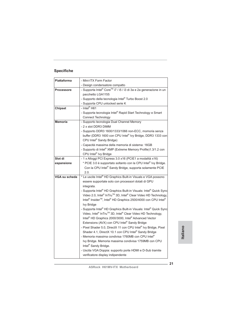 Italian, Specifi che, Italiano | ASRock H61MV-ITX User Manual | Page 21 / 51