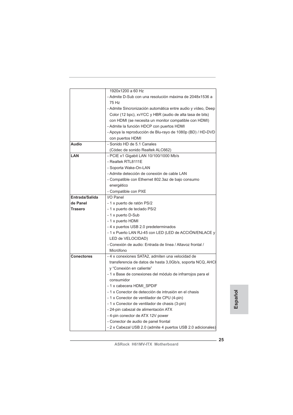 Español | ASRock H61MV-ITX User Manual | Page 25 / 51