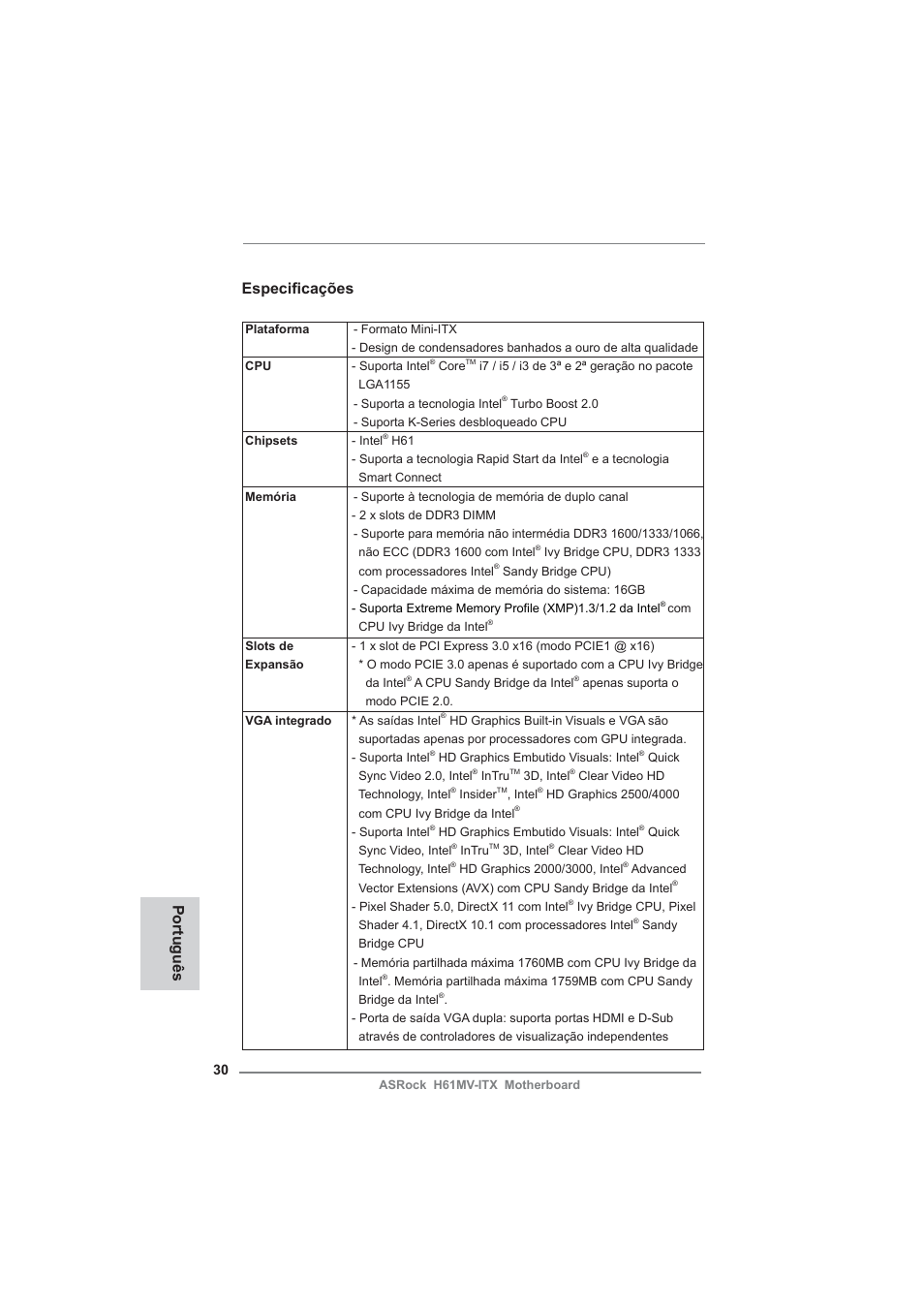 Portuguese, Especifi cações, Português | ASRock H61MV-ITX User Manual | Page 30 / 51