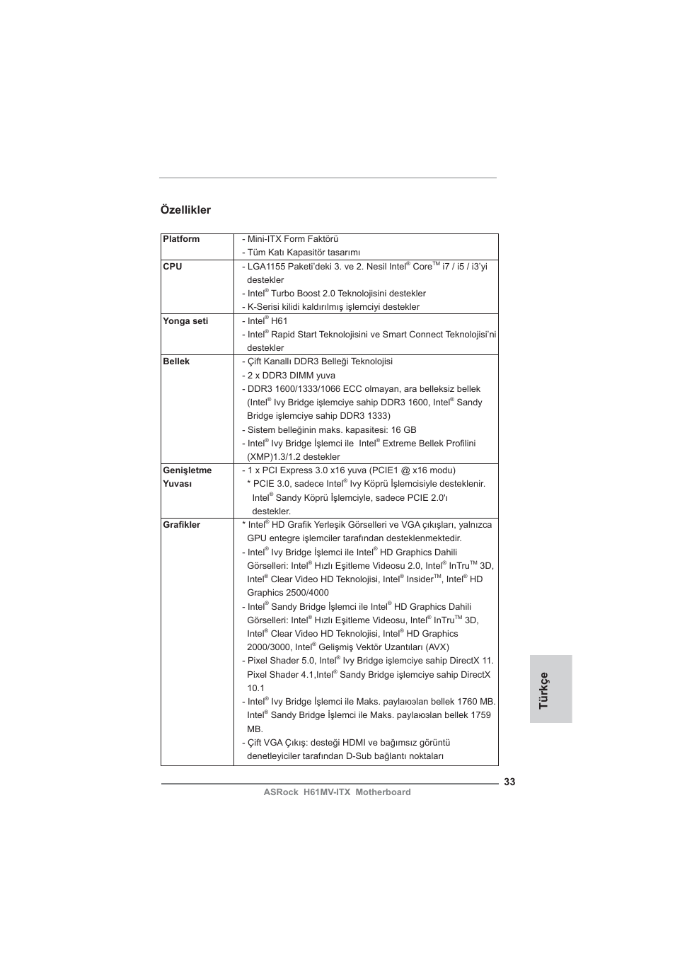 Turkish, Özellikler, Türkçe | ASRock H61MV-ITX User Manual | Page 33 / 51