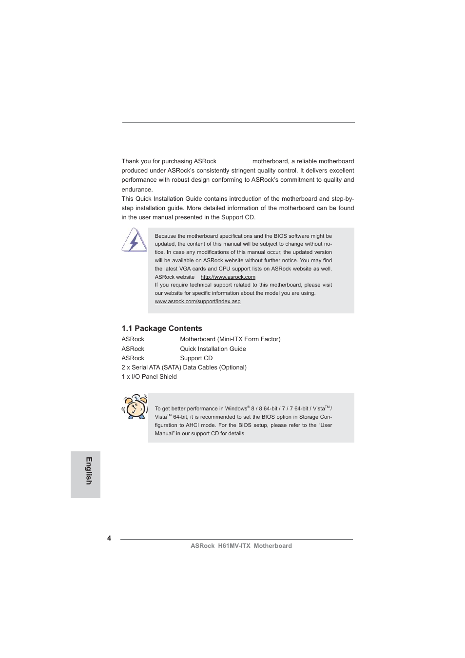 Introduction, 1 package contents, English | ASRock H61MV-ITX User Manual | Page 4 / 51