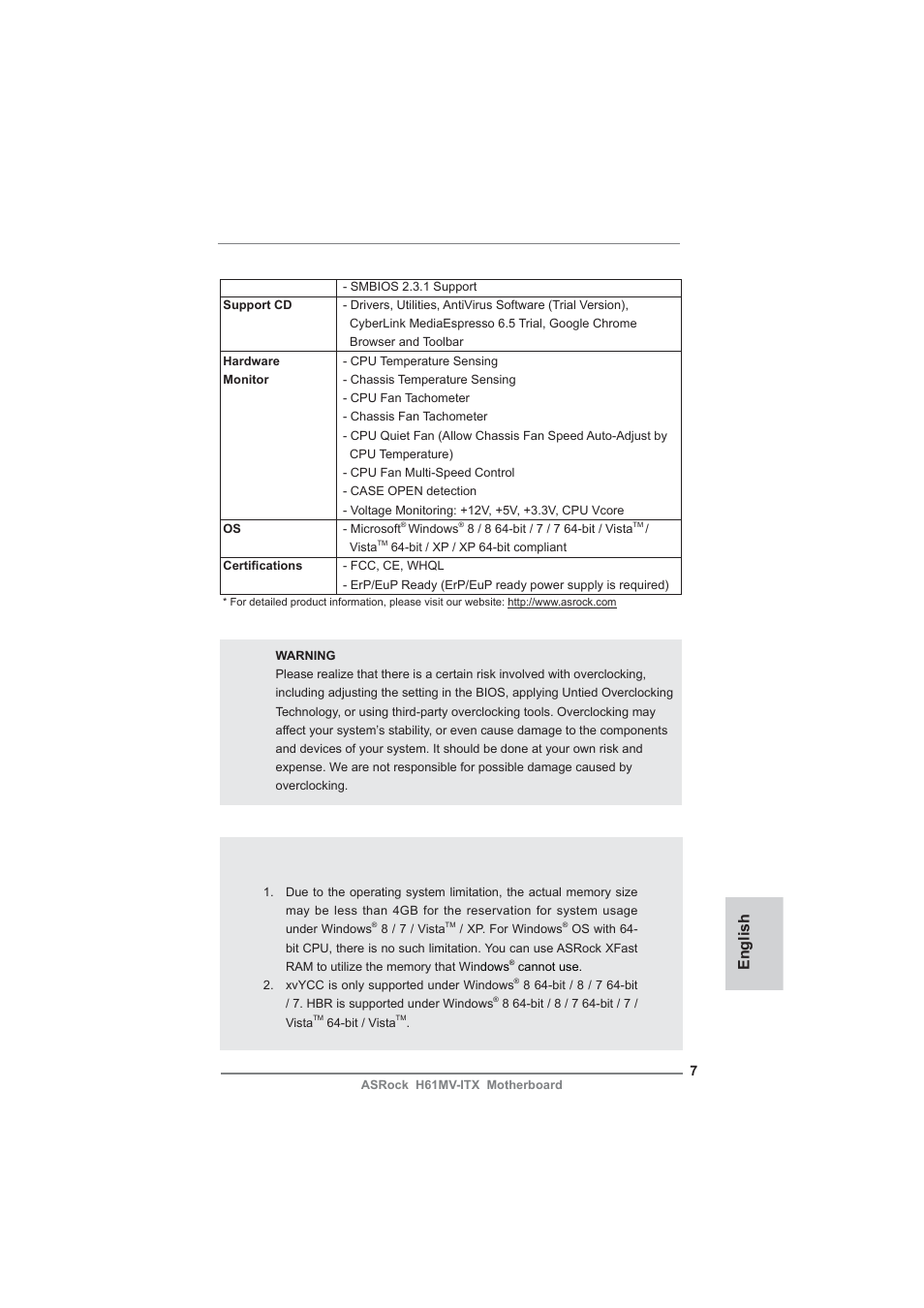 Caution, English | ASRock H61MV-ITX User Manual | Page 7 / 51