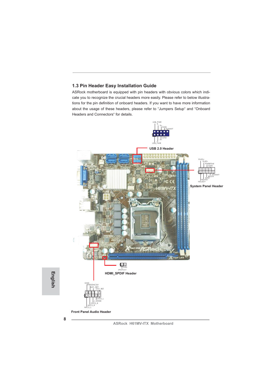3 pin header easy installation guide, English, Asrock h61mv-itx motherboard | ASRock H61MV-ITX User Manual | Page 8 / 51