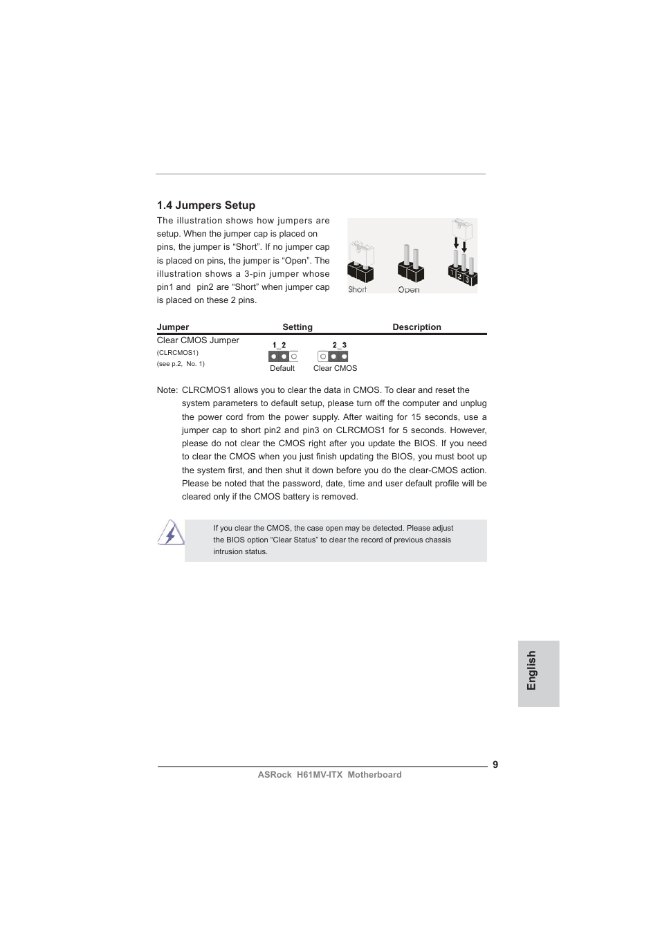 English 1.4 jumpers setup | ASRock H61MV-ITX User Manual | Page 9 / 51