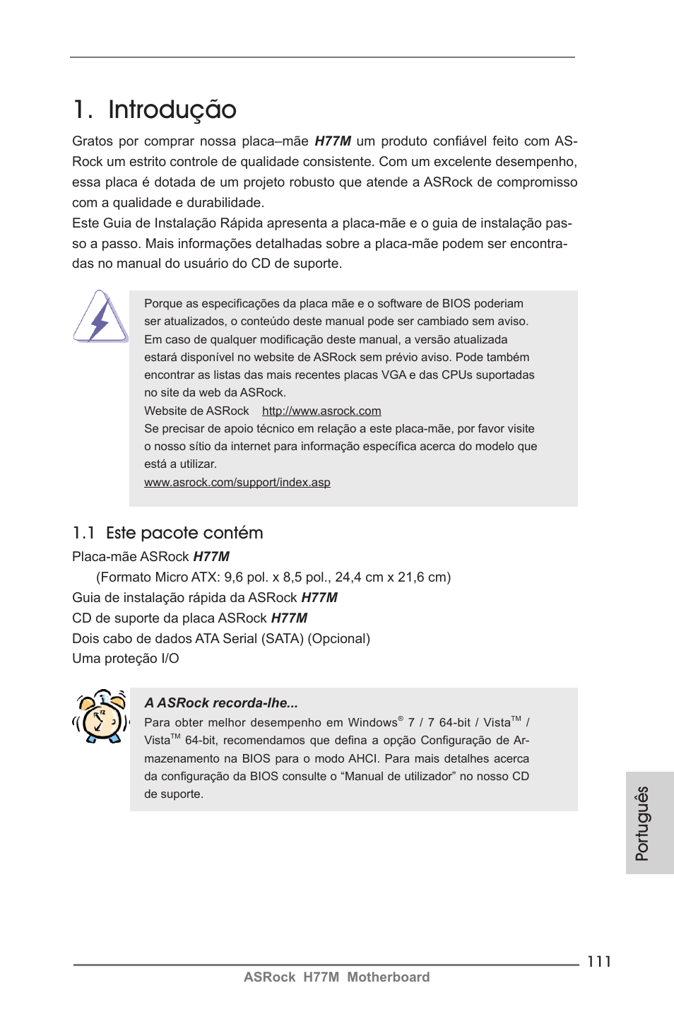 Portuguese, Introdução, Por tuguês | 1 este pacote contém | ASRock H77M User Manual | Page 111 / 206