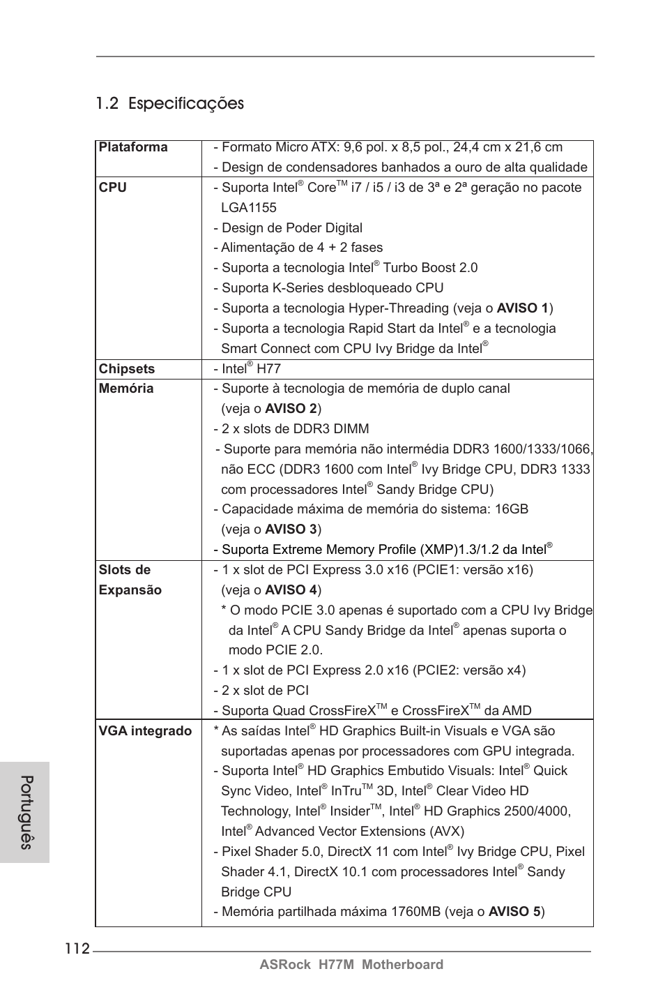 Por tuguês 1.2 especificações | ASRock H77M User Manual | Page 112 / 206