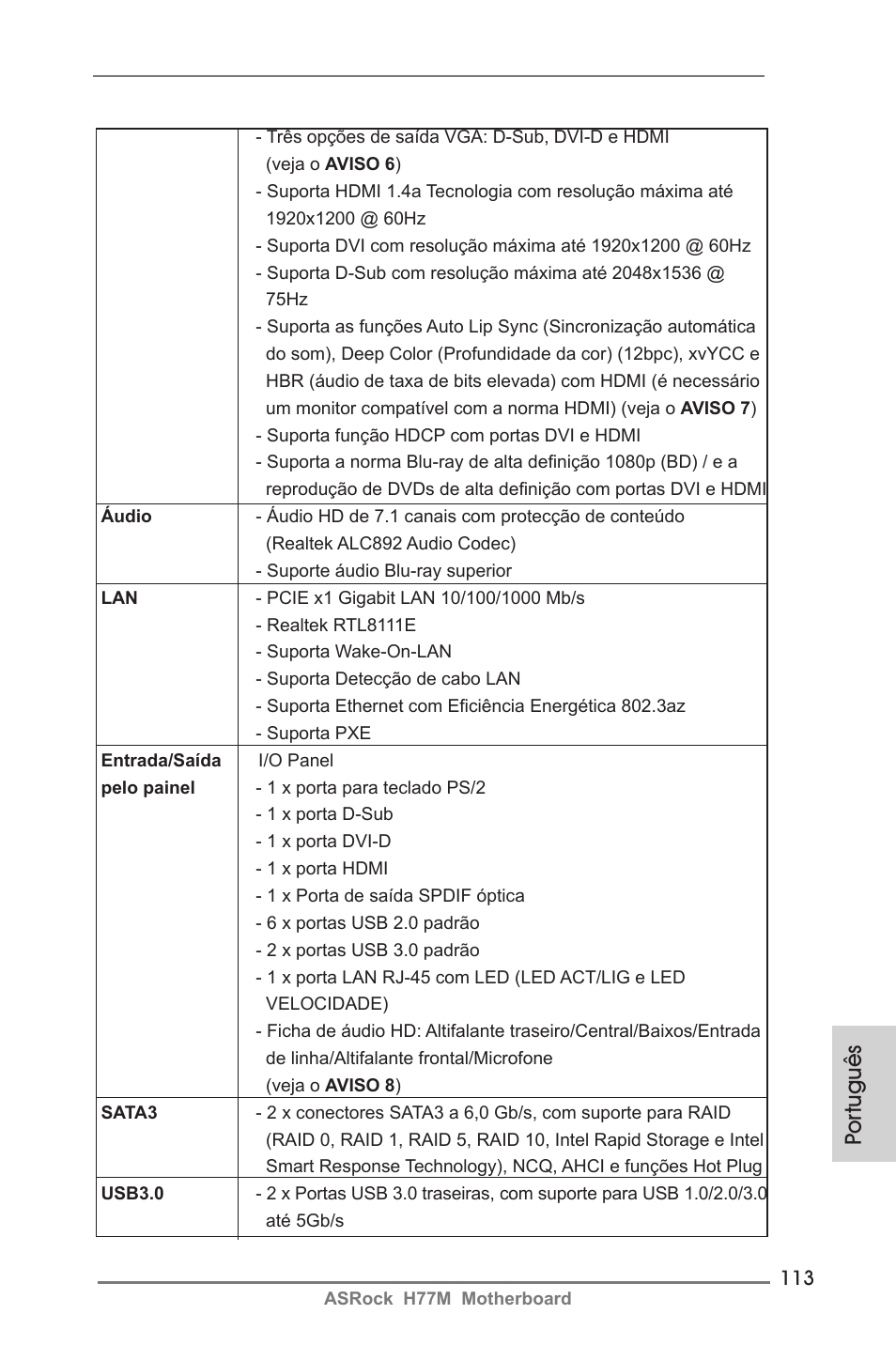 Por tuguês | ASRock H77M User Manual | Page 113 / 206