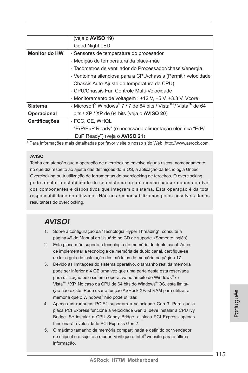 Aviso, Por tuguês | ASRock H77M User Manual | Page 115 / 206