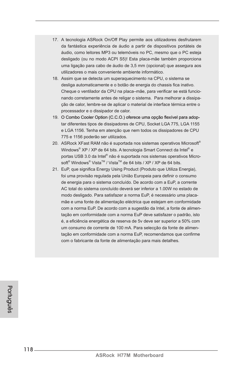 Por tuguês, Asrock h77m motherboard | ASRock H77M User Manual | Page 118 / 206