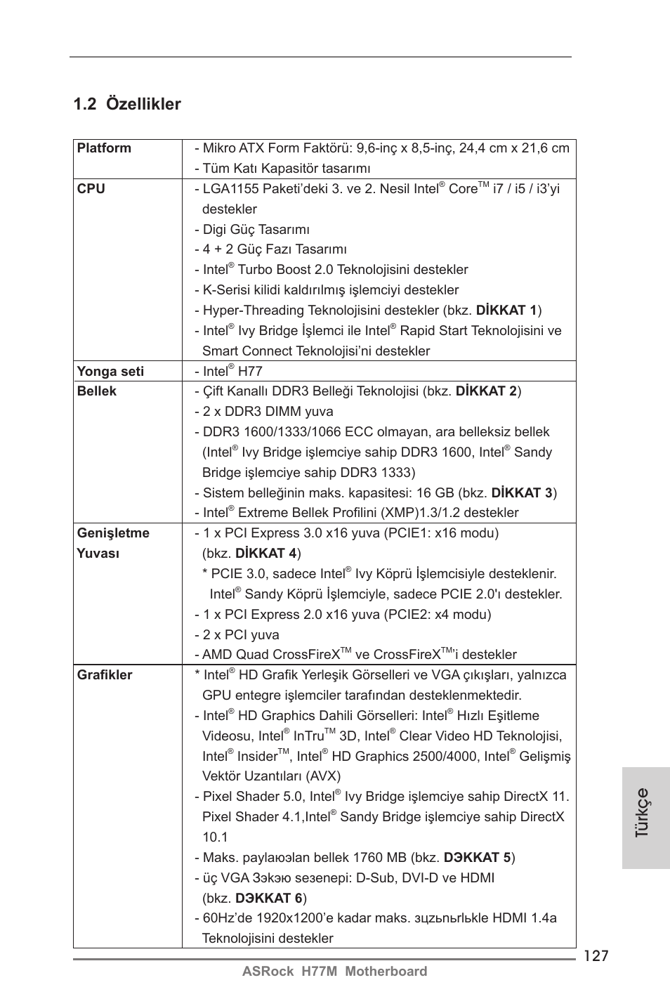 Türkçe, 2 özellikler | ASRock H77M User Manual | Page 127 / 206