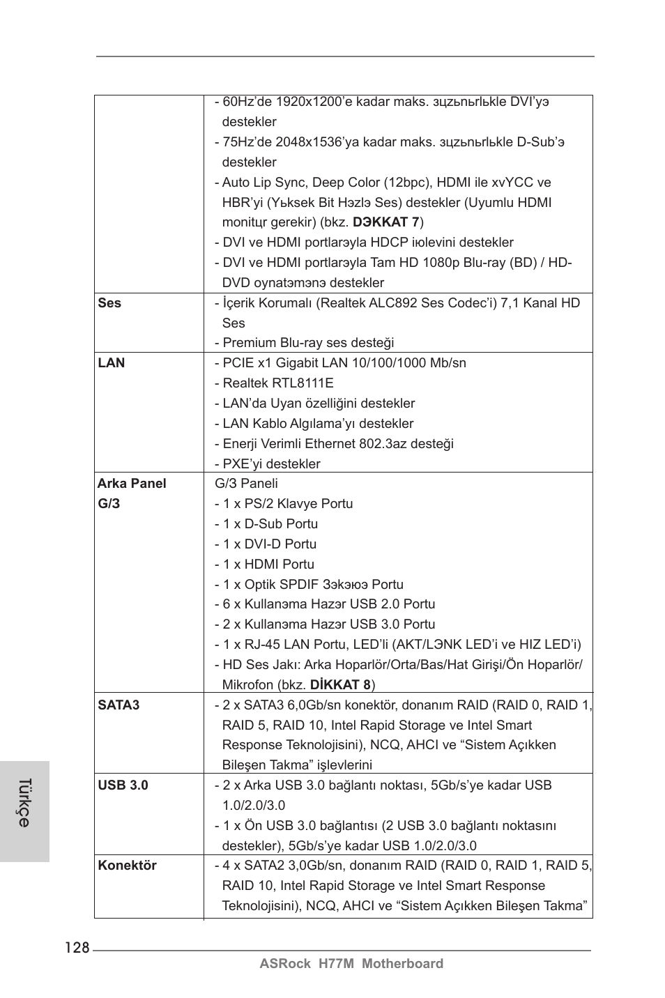 Türkçe | ASRock H77M User Manual | Page 128 / 206