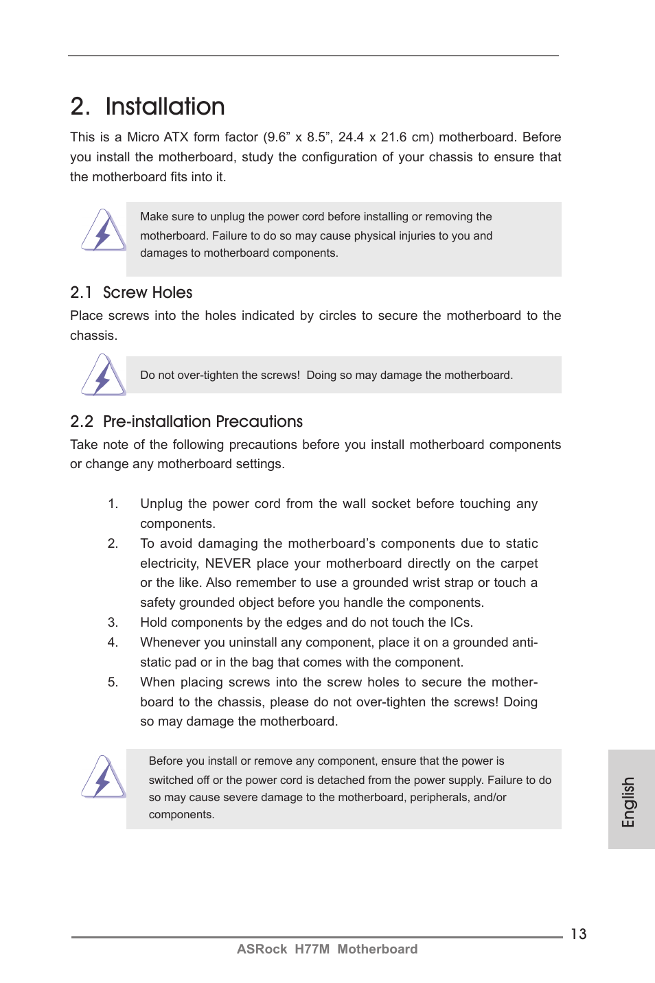 Installation, English, 1 screw holes | 2 pre-installation precautions | ASRock H77M User Manual | Page 13 / 206