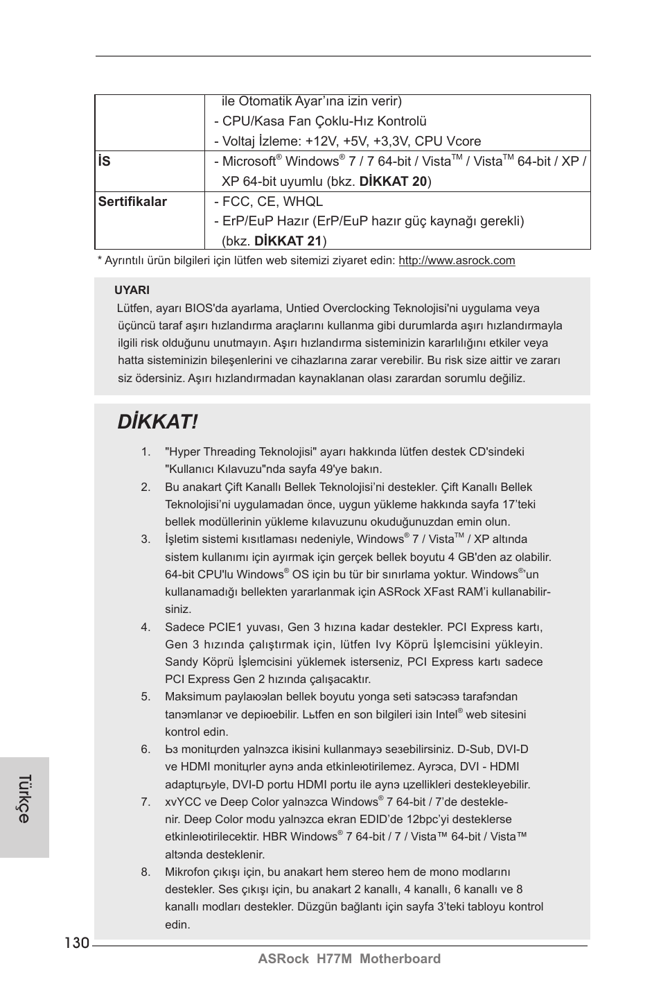 Dikkat, Türkçe | ASRock H77M User Manual | Page 130 / 206
