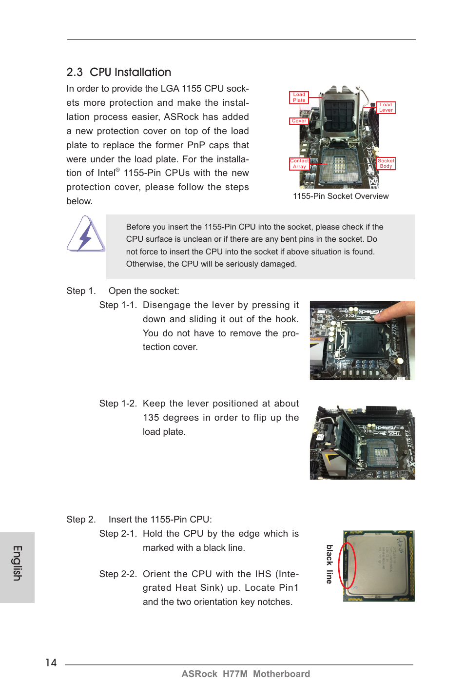 English, 3 cpu installation | ASRock H77M User Manual | Page 14 / 206
