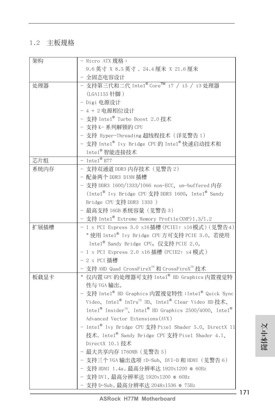 簡體中文 1.2 主板規格 | ASRock H77M User Manual | Page 171 / 206