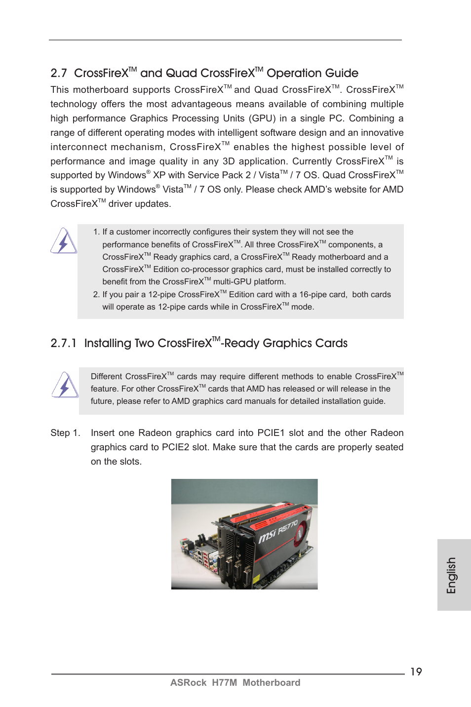 English, 7 crossfirex, And quad crossfirex | Operation guide, 1 installing two crossfirex, Ready graphics cards | ASRock H77M User Manual | Page 19 / 206