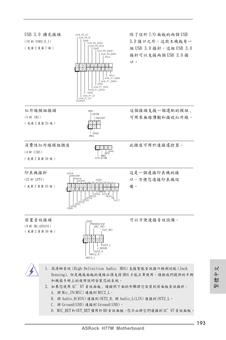 繁體中文, Asrock h77m motherboard, Usb 3.0 擴充接頭 除了位於 i/o 面板的兩個 usb | 0 接口之外，這款主機板有一, 可用來無線傳輸和接收紅外線, 前置音效接頭 可以方便連接音效設備, 消費性紅外線模組插座 此插座可用於連接遙控器, 印表機接針 這是一個連接印表機的接, 口，方便您連接印表機設 | ASRock H77M User Manual | Page 193 / 206