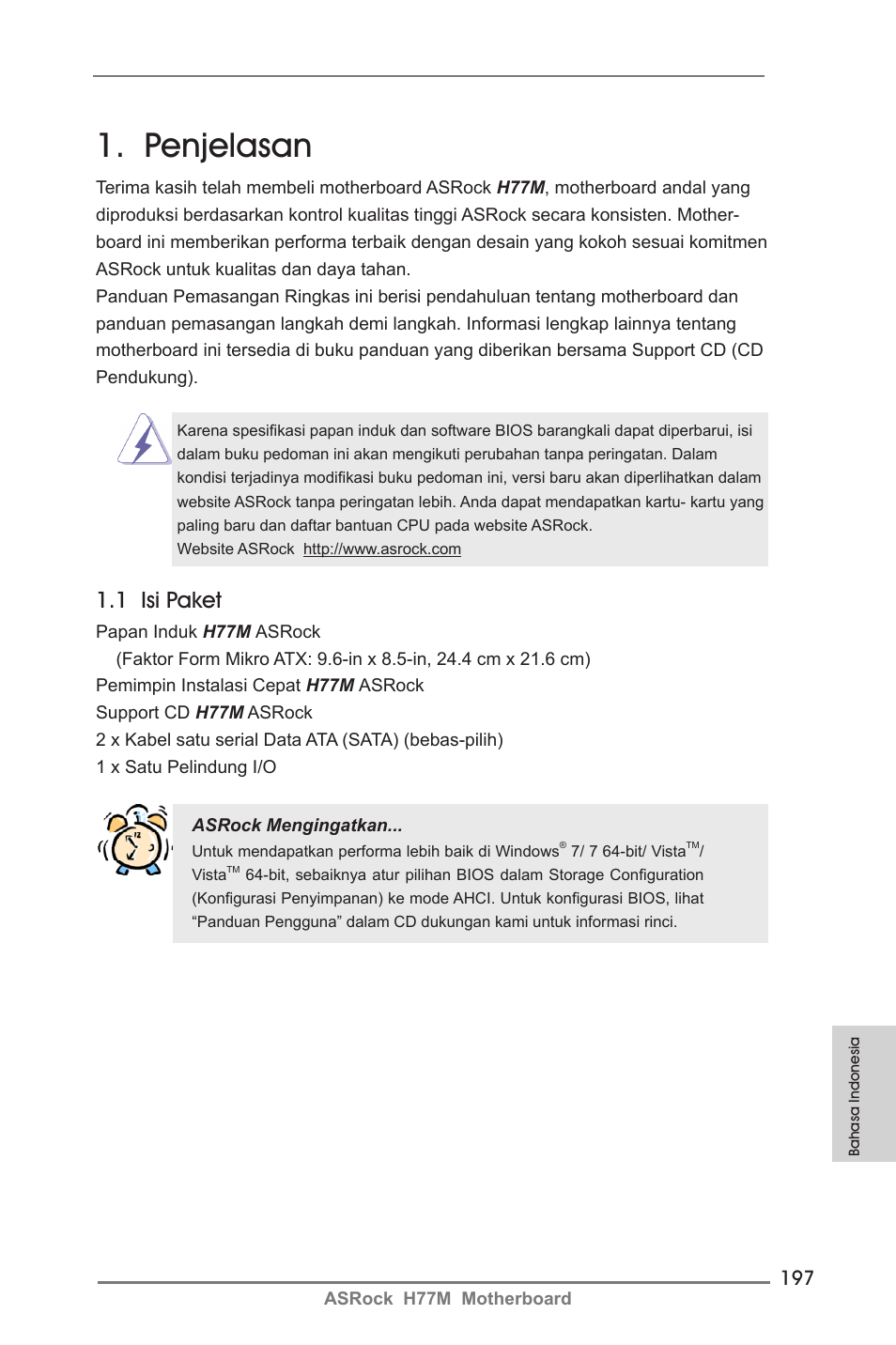 Indonesian, Penjelasan, 1 isi paket | ASRock H77M User Manual | Page 197 / 206