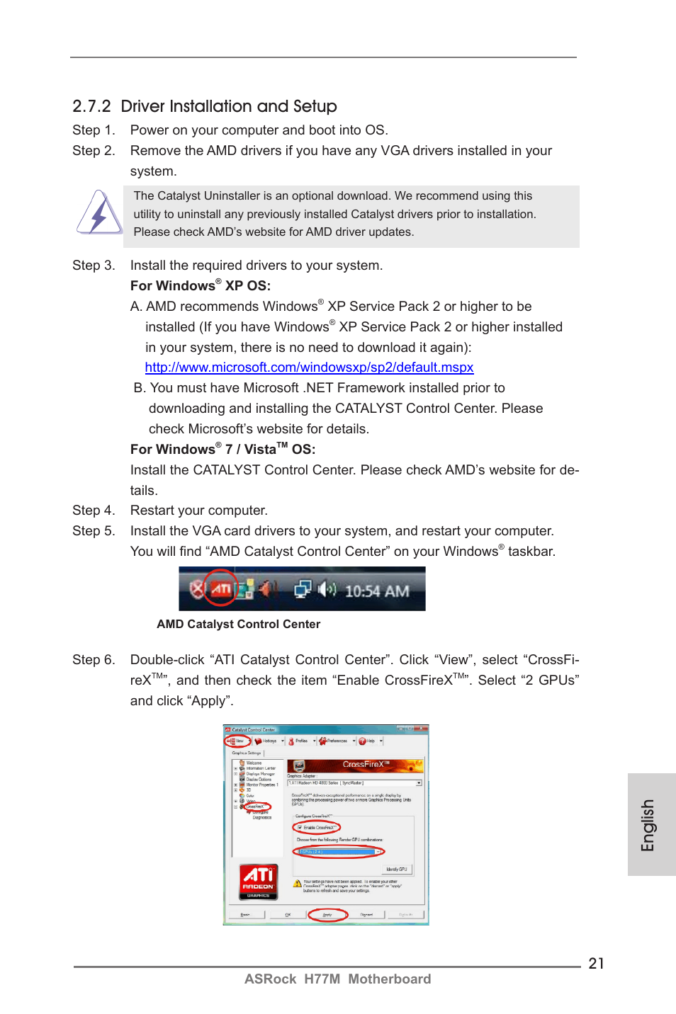 English, 2 driver installation and setup | ASRock H77M User Manual | Page 21 / 206