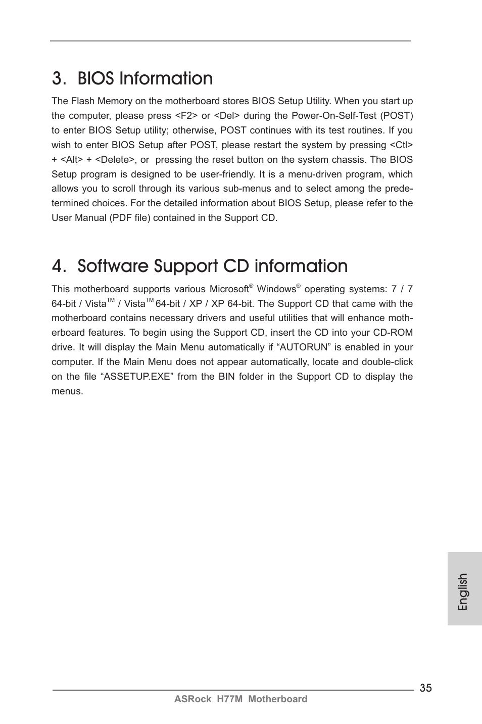 Bios information, Software support cd information, English | ASRock H77M User Manual | Page 35 / 206