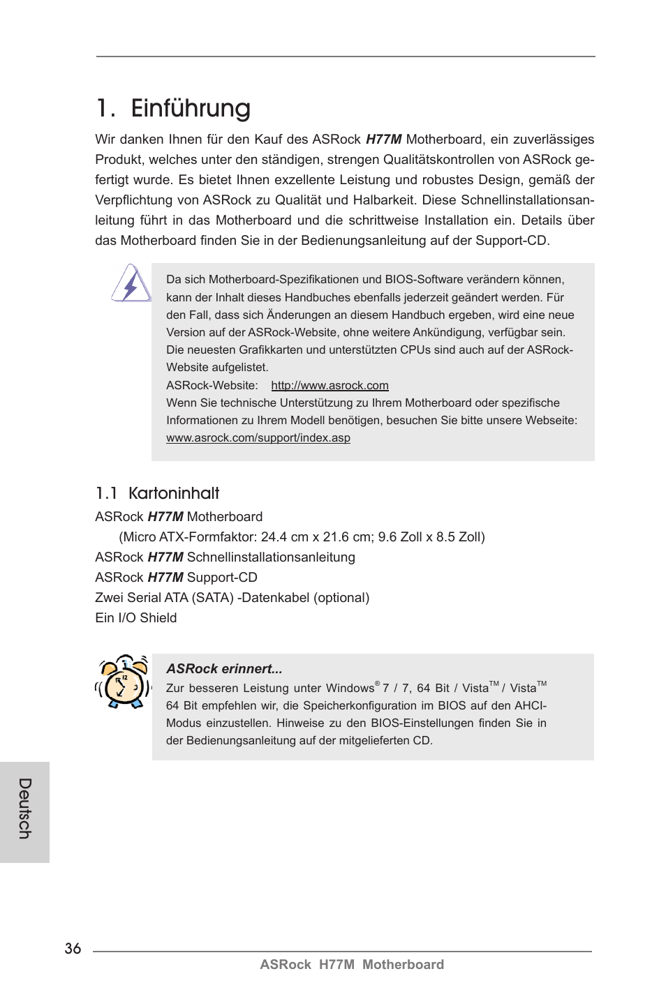 German, Einführung, 1 kartoninhalt | Deutsch | ASRock H77M User Manual | Page 36 / 206