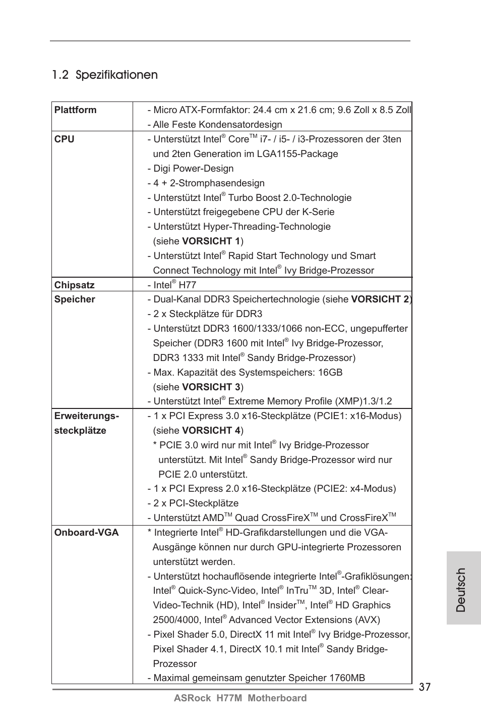Deutsch 1.2 spezifikationen | ASRock H77M User Manual | Page 37 / 206