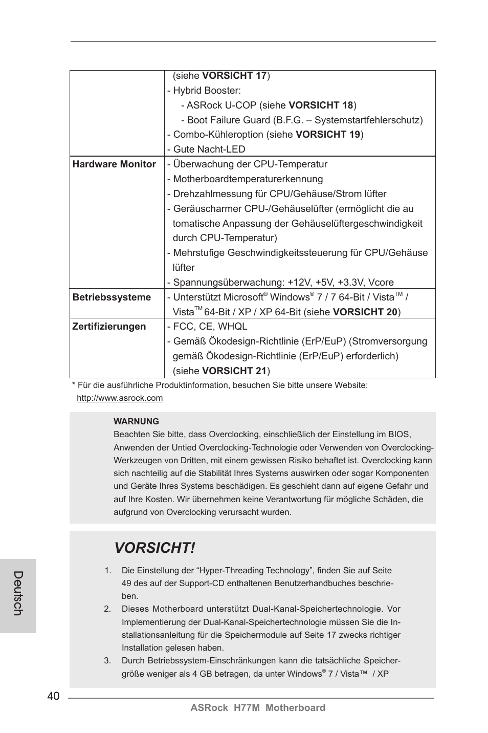 Vorsicht, Deutsch | ASRock H77M User Manual | Page 40 / 206