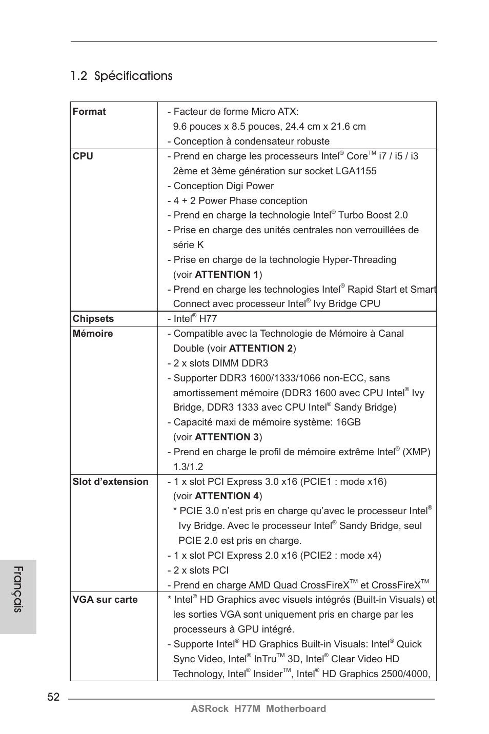 Français 1.2 spécifications | ASRock H77M User Manual | Page 52 / 206