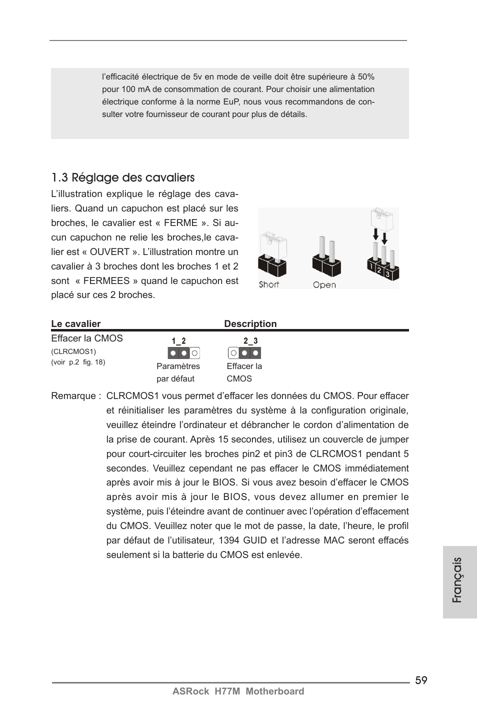 Français 1.3 réglage des cavaliers | ASRock H77M User Manual | Page 59 / 206
